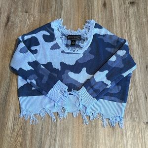 Polly & Esther Blue Camouflage Off the Shoulder Sweater Size Small